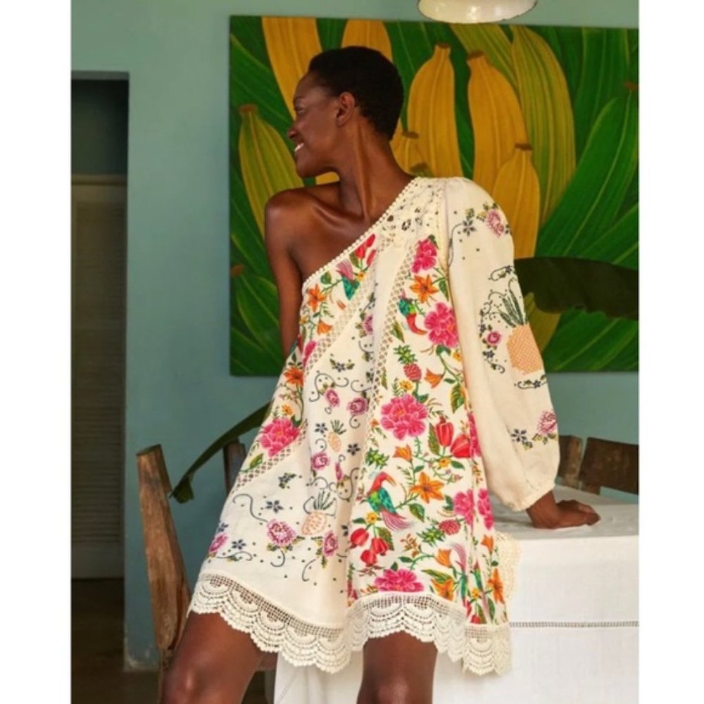 Farm Rio Toucans Garden One Shoulder Embroidered Dress (Size M)